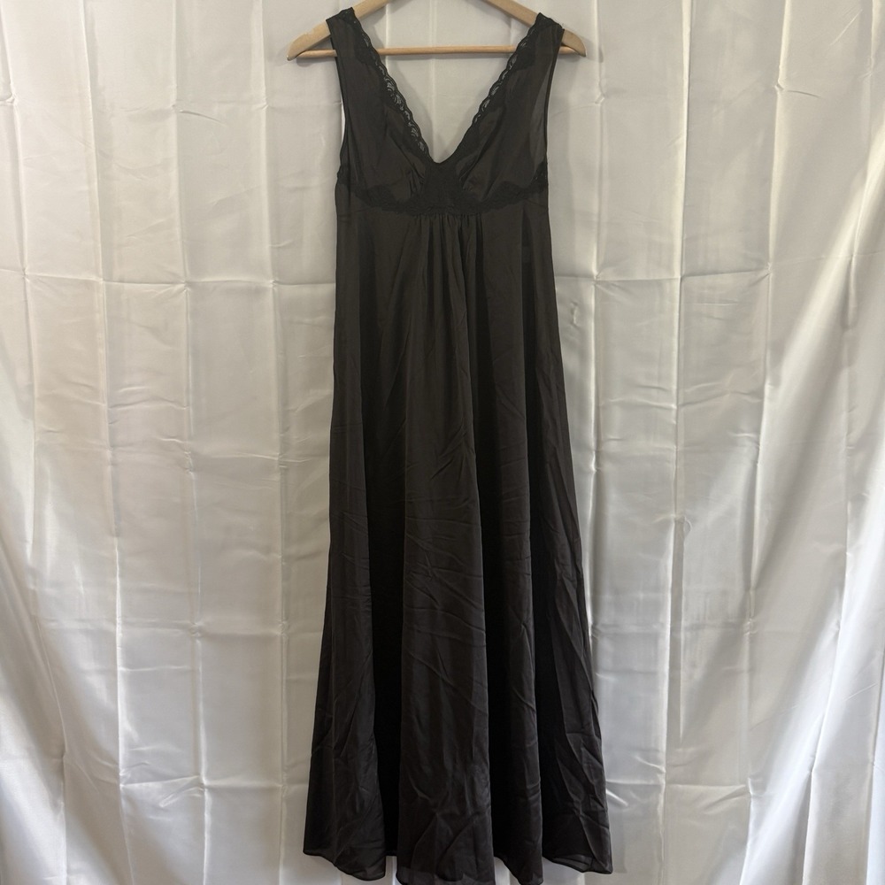 Vtg Lorraine S Black Satin Lace Long Full Sweep Nightgown Sexy Lingerie Halter